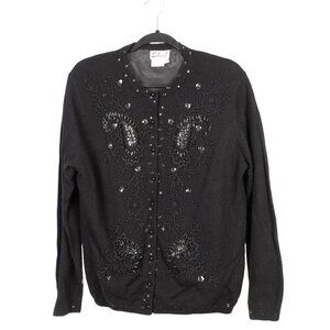 Shek VTG 80s Beaded Cardigan Sweater 40 S Black Lambswool Angora Whimsigoth Knit
